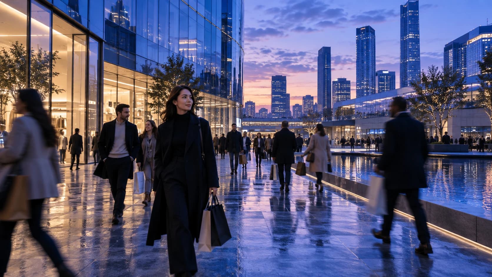 Shoppers moving through a modern city plaza at dusk